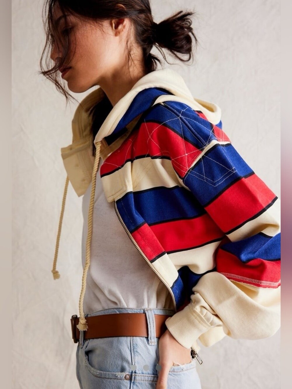 We The Free “Ry” Striped Cropped Zip Hoodie, L, Flaw, Coastal, Rugby, Blokecore